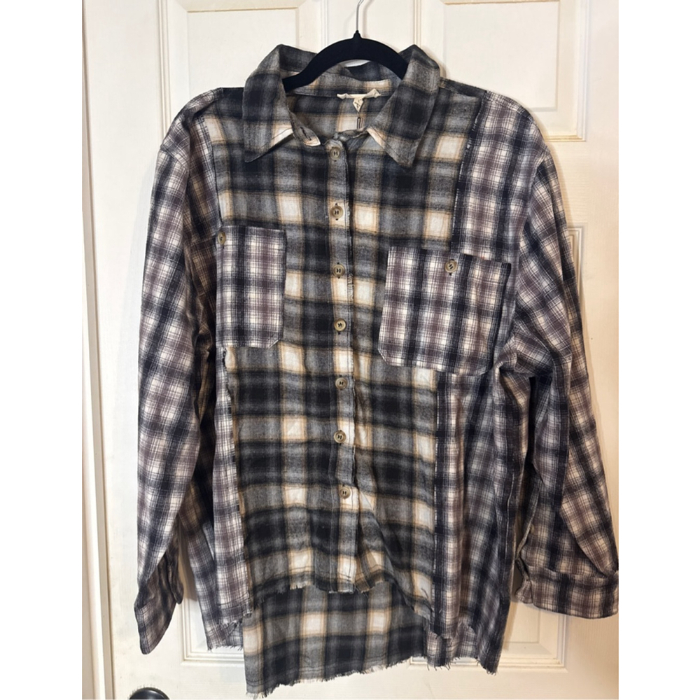 Women's Promesa Plaid Button Down Shirt L Black Brown